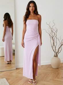 Women's Summer Strapless Dress High Split Side Drape Stylish Solid Color Backless Tube Long Dress - Pink - View 1