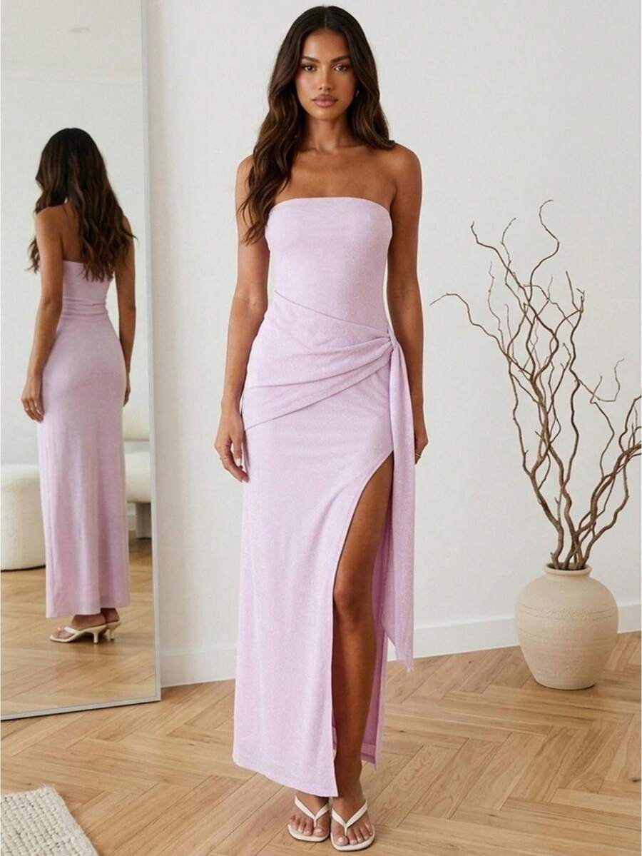 Women's Summer Strapless Dress High Split Side Drape Stylish Solid Color Backless Tube Long Dress - Pink - View 1