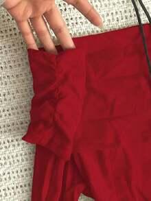 Top de manga larga con hombros descubiertos de unicolor negro, informal de primavera - Rojo - Ver 4
