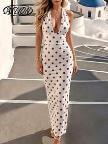 Aflion Vestido elegante y de mujer - Vestido de tirantes con lunares blancos y burdeos - Cuello en V profundo, espalda descubierta, cintura con lazo, ajustado, elástico y suave con caída, adecuado para, cita y vacaciones - Blanco - Ver 2