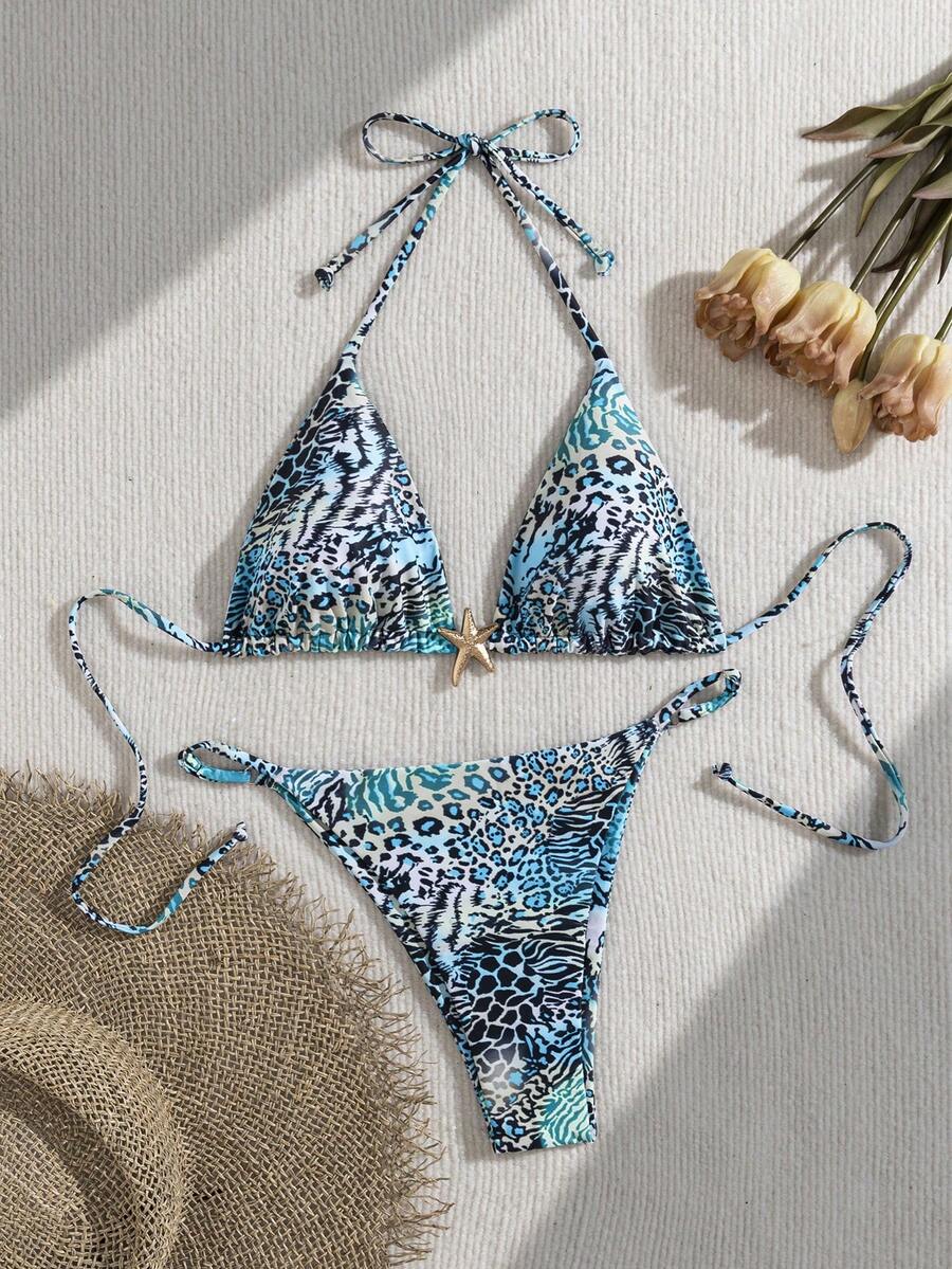 Cute Backless Tie-Up Bikini Set, Printed Pattern, Side Tie Bottom, Stretchy Fabric Vacation Beach Summer - Multicolor - View 1