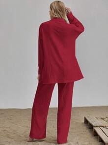 Conjunto camisa larga bajo con abertura con pantalones de pierna ancha - Burdeos - Ver 2