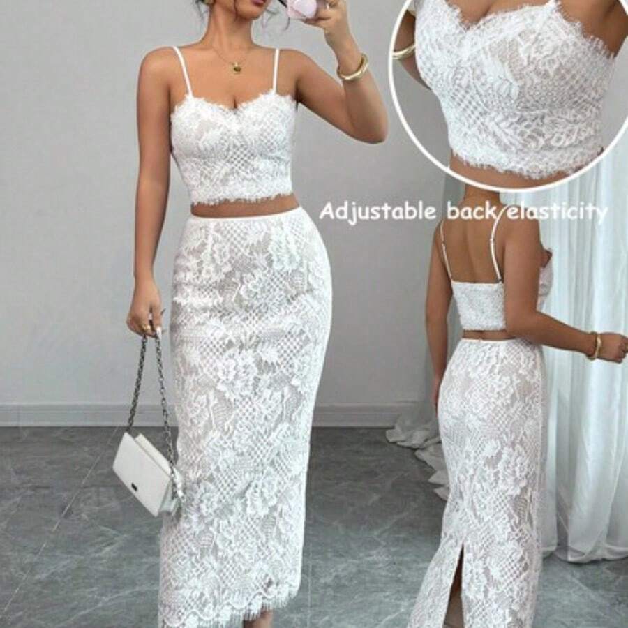 2pcs/Set Women Lace Solid Color Spaghetti Strap Lace Trim Patchwork Open Back Slit Holiday Party Elegant Glamourous Sexy Bohemian Style Vacation Summer Sleeveless Top & Skirt Set - Blanco - Ver 1