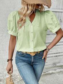 Camisa casual de mujer de manga corta con encaje de contraste - Verde - Ver 7