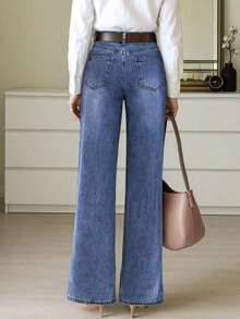 Jeans rectos y holgados para mujer con bolsillos.Sencillos, casuales, elegantes y versátiles, adecuados para todas las estaciones.Perfectos para viajar, la playa y las vacaciones de primavera - Azul medio - Ver 2