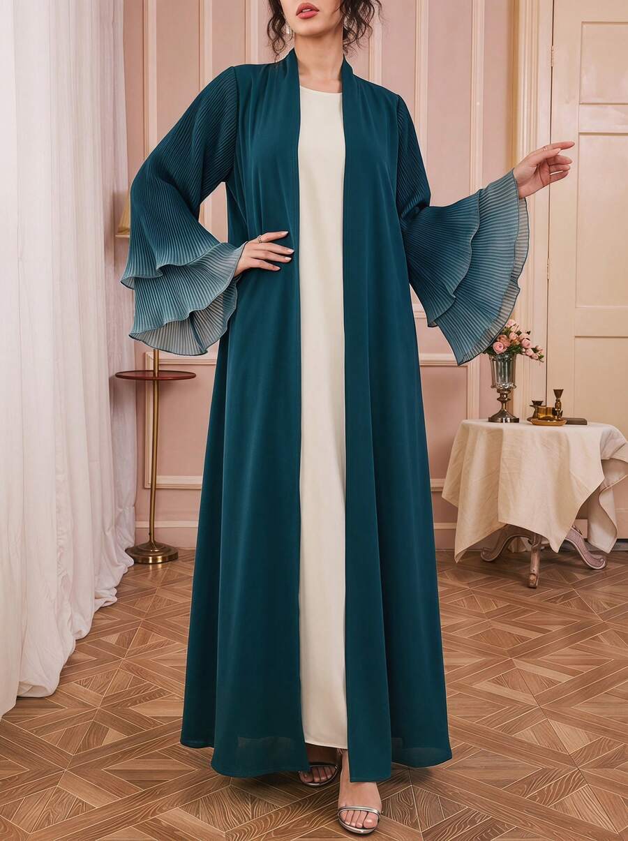 Solessence 优雅女士长款阿巴雅，褶裥喇叭袖，及腕长袖，正式的蓝绿色梭织面料阿巴雅，适合秋季穿着 - 墨綠色 - 查看 1