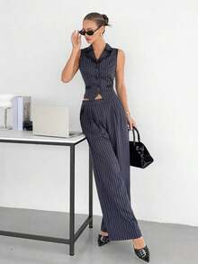 Traje de chaleco y pantalones con ribete de contraste elegante para mujer, todos los atuendos para mujer, de vuelta a la escuela, atuendos de maestra para mujer, vestido de invitada de boda elegante, casual de negocios para mujer, vestido de in - Azul marino - Ver 4