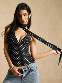 Camiseta sin espalda con lunares blancos para mujer, pieza de lencería sexy para primavera/verano, crea un look casual retro, adecuada para ocasiones de vacaciones - Negro - Ver 1