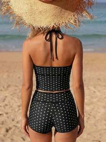 Bikini de 2 piezas con tiras de espagueti, copa triangular y shorts de cintura alta en contraste de azul y albaricoque, estilo dulce para mujer, Primavera/Verano 2026 - Blanco y Negro - Ver 2