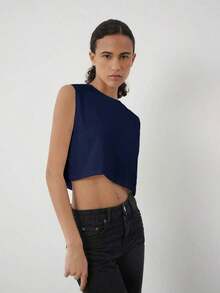 Top corto sin mangas casual para mujer, unicolor simple, adecuado para el uso diario en verano - azul real - Ver 1