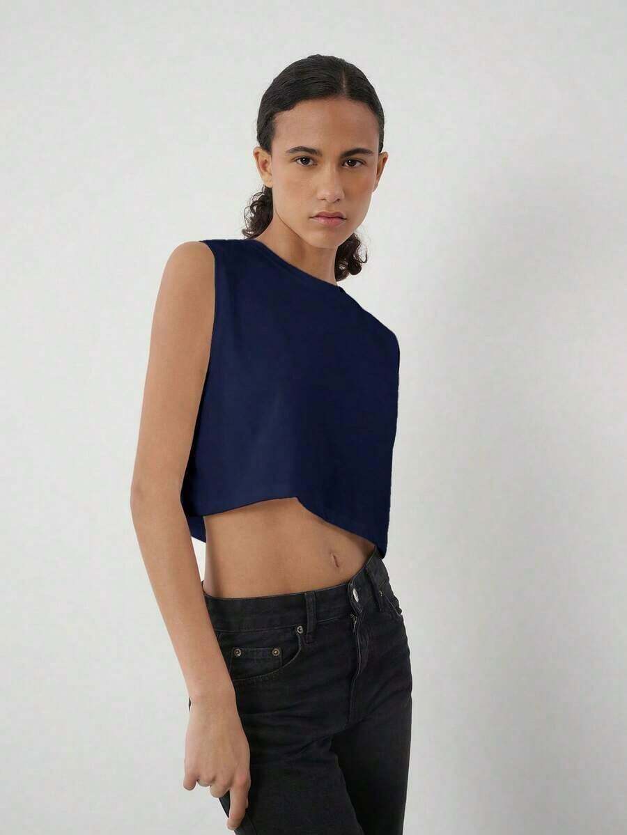 Top corto sin mangas casual para mujer, unicolor simple, adecuado para el uso diario en verano - azul real - Ver 1