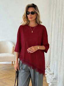 Camiseta casual de mujer con dobladillo asimétrico de encaje de unicolor, uso versátil diario, parte superior de ocio de primavera/verano, adecuada para vacaciones, verano, primavera, vacaciones de primavera y diversas ocasiones, incluyendo vestido de playa, camisa casual, ropa exterior y parte superior de verano.Marrón - Burdeos - Ver 4
