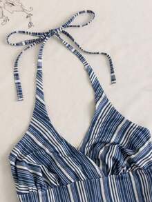 Camiseta de mujer de unicolor con cuello de halter plisado y lazo, versátil para vacaciones y citas - Multicolor - Ver 3