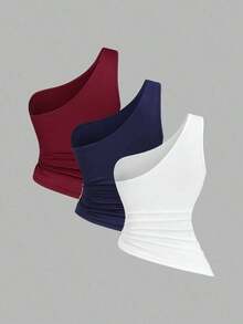 Conjunto de blusa con cuello asimétrico, un solo hombro y decoración de hebilla metálica, adecuado para vacaciones en la playa - Multicolor 7 - Ver 2