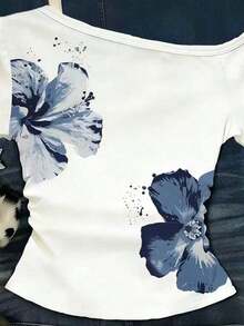 Camiseta casual versátil de mujer con hombro asimétrico y mangas cortas a rayas - Multicolor - Ver 5
