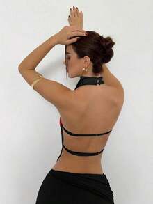 Top de satén sin espalda con cuello alto para mujer, ideal para fiestas - Multicolor - Ver 2