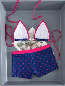 Conjunto de bikini de 2 piezas para mujer - Estampado de estrella con ribete sólido, parte superior tipo triángulo con escote halter (adornada con acentos de cuentas), Bottom tipo short de tiro alto, elegante ropa de playa de verano, traje de baño de tira - azul real - Ver 2