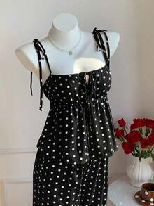 Conjunto de 2 piezas de top tipo camisola con hombros retorcidos y estampado de lunares, y pantalones de pierna ancha, para mujer, estilo casual de verano, retro y de playa - Negro - Ver 7