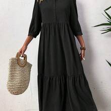 Women Solid Color Casual Short Sleeve Dress Maxi Women Outfit - Marrón - Ver 4