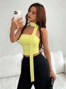 Top de bandeau fruncida con estampado de leopardo y bufanda - amarillo ganso - Ver 4