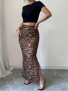 Falda ajustada de malla con estampado de leopardo para mujer, ropa de otoño - Café integral - Ver 6