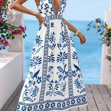 Vacation, traje de vacaciones, traje de verano, vestido romántico con estampado floral blanco y azul para mujer Vestidos boho para mujer Traje de Santorini para mujer Ropa de resort Vestido de vacaciones para mujer Vestidos largos de verano para mujer Vestidos de picnic para mujer Vestidos elegantes de verano para mujer - Azul y blanco - Ver 6