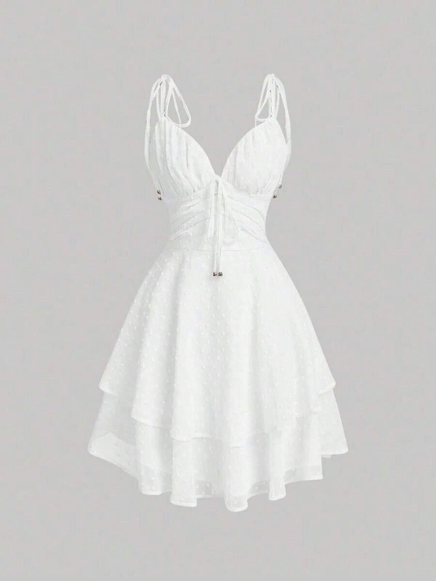MOD Vestido de tirantes de lunares de hombros con cordón de dos capas bajo - Blanco - Ver 1