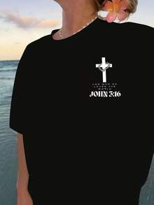 Women's Casual Short Sleeve T-Shirt - John 3:16 Bible Verse Print On Front And Back, White Cross Design On Black Background, Comfortable Crew Neck, Machine Washable Christian Faith Clothing, Religious Inspiration | Graphic Print On Back | Durable Print Quality Y2k T-Shirt Shirt - 白色 - 查看 2