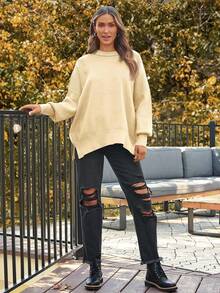 Women's Ribbed Knit Sweater With Long Sleeves And Crew Neck - Winter - Apricot - View 3