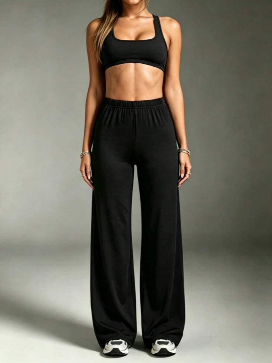 Pantalones rectos de cintura alta para mujer Fyxelle, de moda y elásticos, negros casuales de primavera - Negro - Ver 1