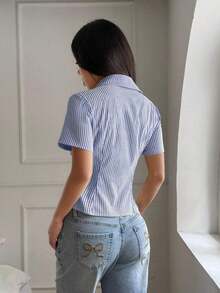Blusa elegante para oficina con ajuste delgado, de manga corta, a rayas amarillas y blancas, estilo francés, para mujer - Azul - Ver 2