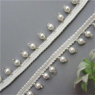 Pearl Bead Tassel Fringe Lace Edge Trim Ribbon 1.5 Cm Width Vintage Style White Edging Trimmings Fabric Embroidered Applique Sewing Craft Wedding Bridal Dress Sash Belt Headwear Clothes Decor