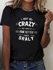 Plus Size Teediy Women's "I May Be Crazy" Graphic Tee - Soft And Comfortable 180G Crew Neck T-Shirt, Machine Washable, Black With White Print, Casual Summer Style, Comfortable T-Shirt | Bold Graphic Design Tee | Durable Print Tee - 黑色 - 查看 1