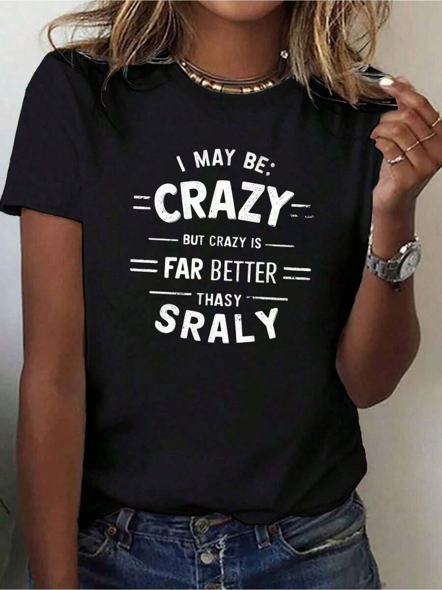 Plus Size Teediy Women's "I May Be Crazy" Graphic Tee - Soft And Comfortable 180G Crew Neck T-Shirt, Machine Washable, Black With White Print, Casual Summer Style, Comfortable T-Shirt | Bold Graphic Design Tee | Durable Print Tee - 黑色 - 查看 1