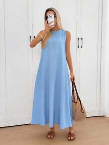 Vestido midi holgado sin mangas con espalda plisada, bajo irregular, silueta en A, tela de crepé texturizada, uso casual, relajado y elegante para la oficina/vacaciones para mujeres, primavera/verano - Azul - Ver 6