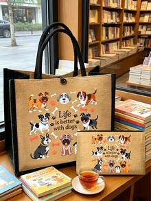 Life Is Better With Dogs「愛狗人士亞麻托特包與拉鍊收納袋套組，可重複使用的帆布托特包配對拉鍊收納袋，可愛卡通狗印花托特包附爪印與骨頭圖案，適合狗主人、寵物愛好者與動物愛好者 - 彩色 - 查看 7