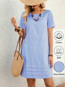 Vestido casual recto de unicolor, cuello redondo, manga corta para mujer, de verano - Azul marino - Ver 4