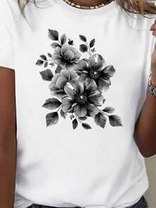 Soft 100% Cotton T-Shirt, Christmas Flower And Plant Print T-Shirts, Casual Short Sleeve T-Shirts And Fashionable T-Shirts For Women, Breathable Cotton T-Shirts, Easy To Match With Everything, Great. - 白色 - 查看 1