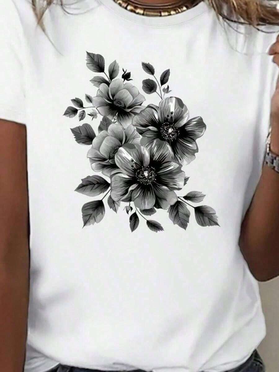 Soft 100% Cotton T-Shirt, Christmas Flower And Plant Print T-Shirts, Casual Short Sleeve T-Shirts And Fashionable T-Shirts For Women, Breathable Cotton T-Shirts, Easy To Match With Everything, Great. - 白色 - 查看 1