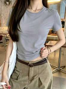 Women's Solid Light Gray Simple Street Style Casual Commuting Personality Y2K Fitted Waist Slim Sexy Ruffle Collar Short Sleeve Basic Solid Color T-Shirt, Spring/Summer - Grey - View 1