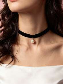 1 pieza Collar gargantilla de terciopelo negro sexy y de moda con colgante de perlas falsas, adecuado para uso casual y diario - Negro - Ver 1