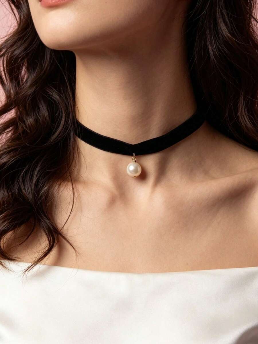 1 pieza Collar gargantilla de terciopelo negro sexy y de moda con colgante de perlas falsas, adecuado para uso casual y diario - Negro - Ver 1
