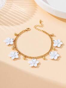 1 pieza Elegante tobillera vintage estilo francés con flor blanca de 5 pétalos, bola dorada pequeña y colgante con borla para mujeres - Blanco - Ver 3
