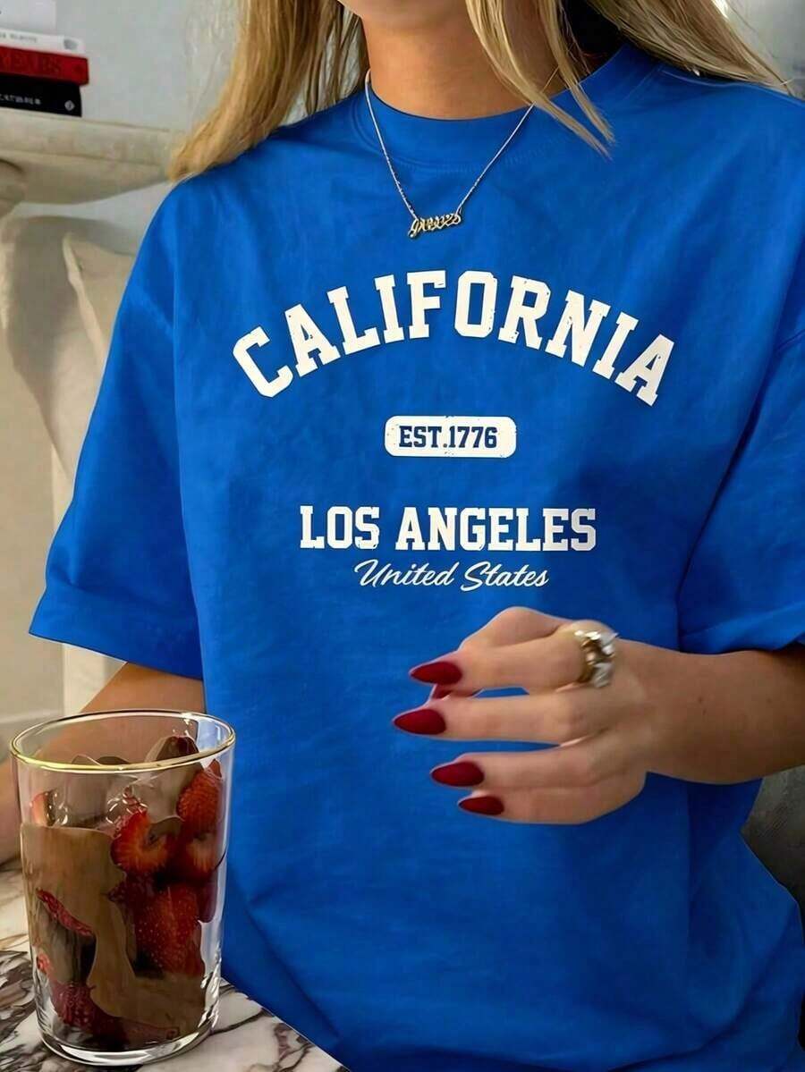 Camiseta Gráfica Vintage de Mujer con Diseño de California Los Ángeles - Cuello Redondo Casual, Manga Corta, Algodón, Lavable a Máquina, EST 1776 Print2026 Ropa Fresca de Verano para Mujer - Azul - Ver 1