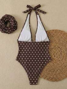 Traje de baño de dos piezas de mujer con lunares sexy, diseño retorcido y asimétrico con espalda descubierta de gasa, traje de baño de una pieza para vacaciones en la playa en verano - Café integral - Ver 3