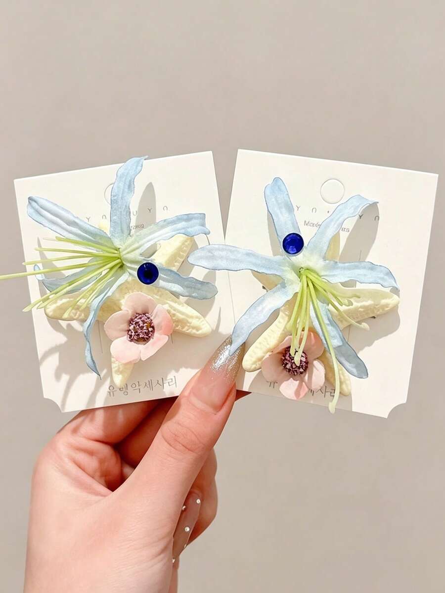 2 piezas Clips para el cabello con diseño de estrella de mar y flor en estilo bohemio, accesorios únicos para el lado y la parte posterior de la cabeza, nuevos artículos elegantes de alta gama - Multicolor - Ver 1