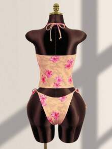 Conjunto de bikini de dos piezas con estampado floral tropical, parte superior tipo bandeau con tirantes atados y detalles de encaje para mujer, ideal para vacaciones de verano y playa - Albaricoque - Ver 2
