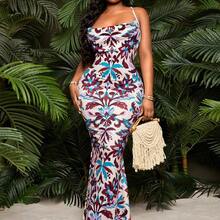 Floral Print Bodycon Slip Dress With Matching Scarf (Plus Size) Leopard Print Maxi Dress All-Over Print Maxi Dress Long Dress Date Night Dress Vacation Dress Sexy Dress, Suitable For Night, Date, Party, Ball, Club, Cocktail, Evening, Banquet, Concert, Island Resort, Beach, Holiday - Multicolor - Ver 2