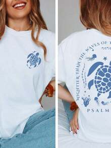 [Entrega Local]Playera Para Mujer [Entrega Local]Playera Para Mujer Talla Grande, Una Mujer Está Sentada En La Cama, Llevando Una Camiseta Con Un Estampado De Letras De Tortuga, Camiseta De Manga Corta, Camiseta Con Estampado De Letras, Cuello Redondo Regular, Algodón Puro Cómodo Y Transpirable - Blanco - Ver 5