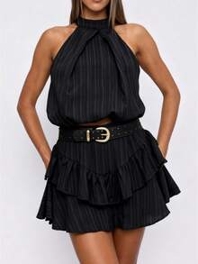 Women Summer 2 Piece Outfits Backless Tie Up Halter Tops And Mini Ruffled Tiered Skirt Set For Streetwear - Black - View 1